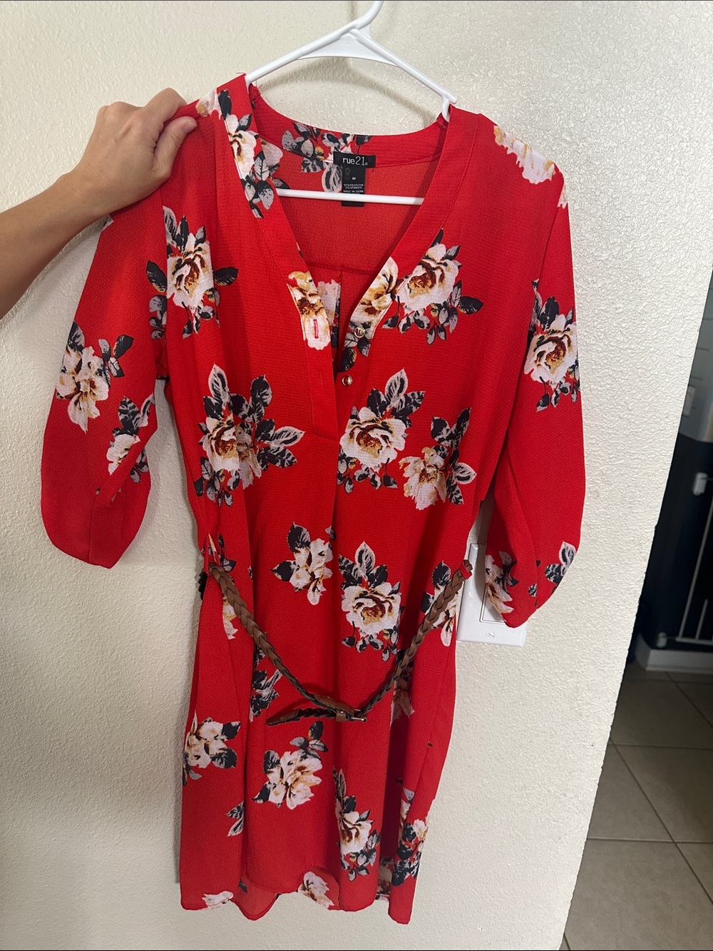 Rue21 Red Floral V-Neck Dress with Braided Belt